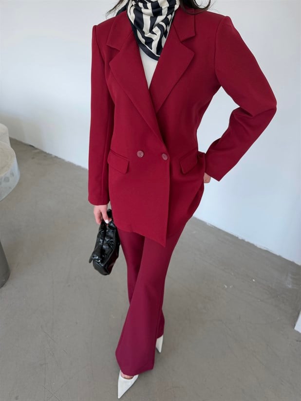 Çift Düğme Oversize Blazer  - Bordo