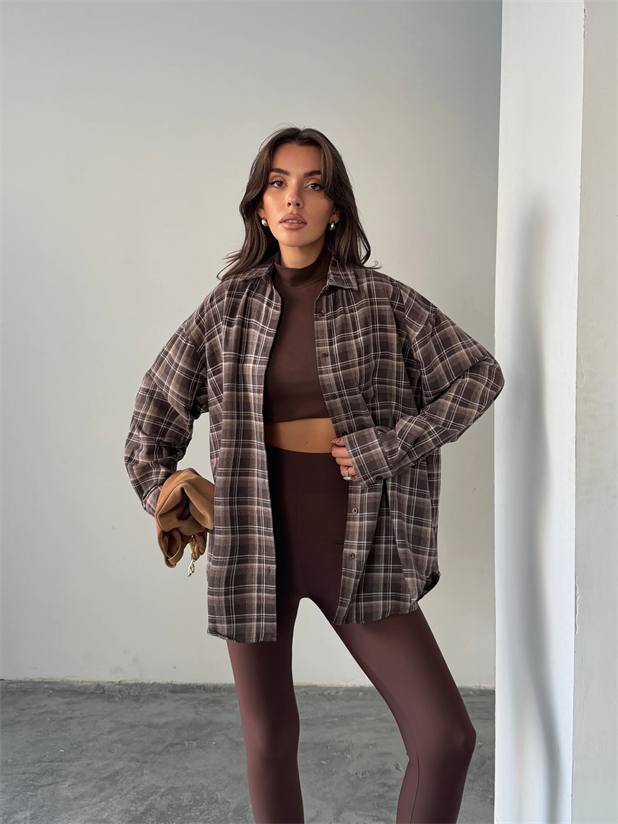 Kareli Oversize Gömlek - Kahve