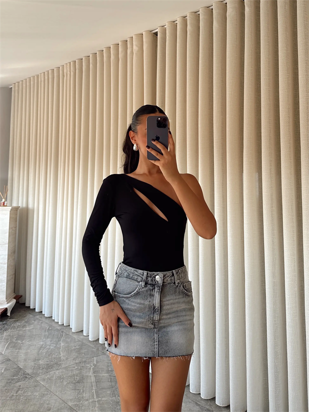 Sabrina Tek Kol Bodysuit Siyah - Siyah