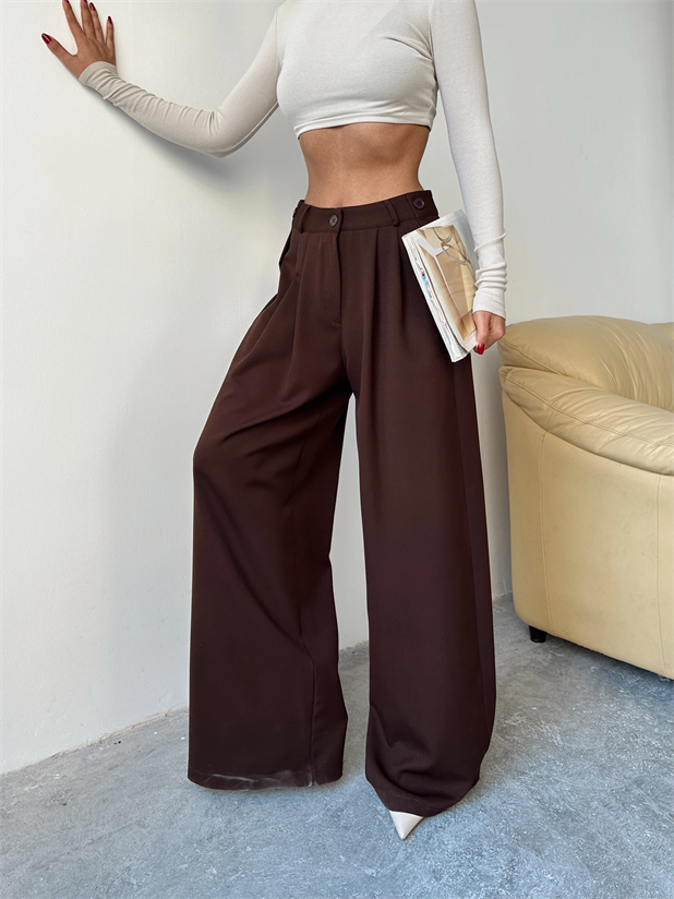 Yandan Katlama Düğme Detay Palazzo - Kahverengi