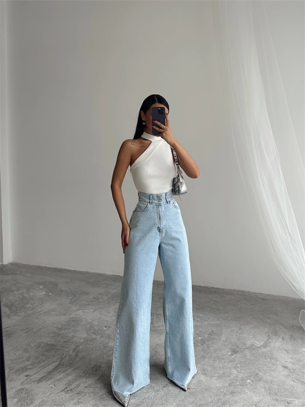 Geniş Kemerli Baggy Jean  - Buz Mavi