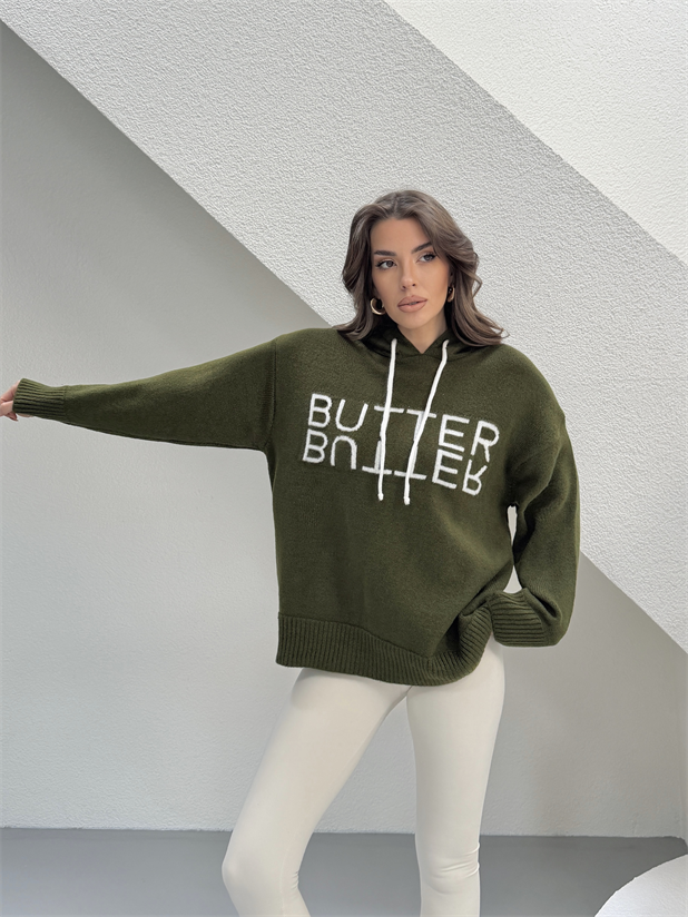 Kapüşonlu Butter Triko Kazak - Haki