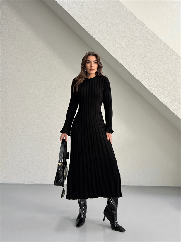 Bağlamalı Fitilli Triko Elbise - Siyah