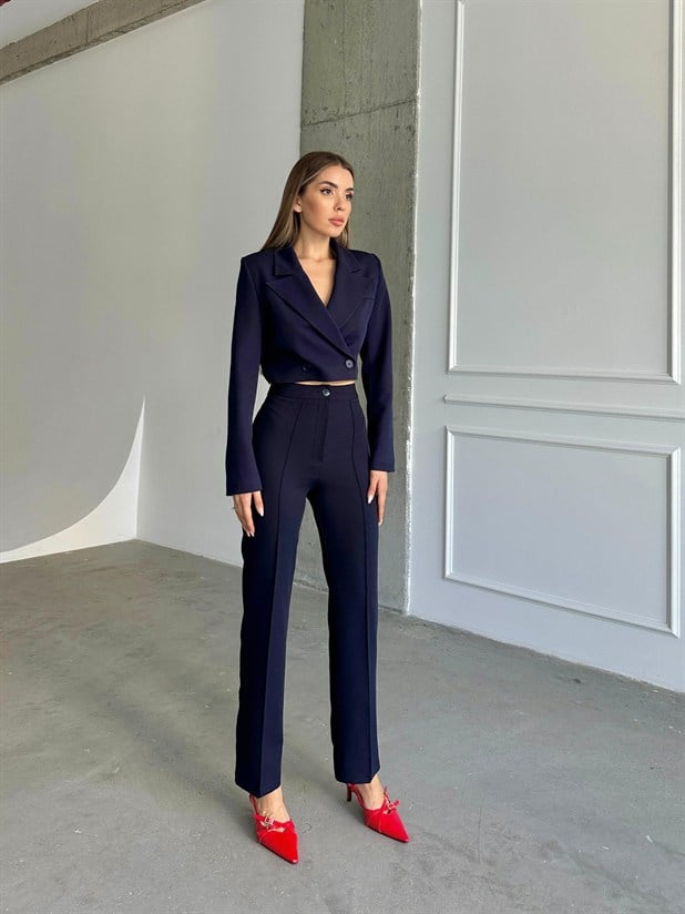 Ön Dikiş Boru Paça Kumaş Pantolon - Lacivert