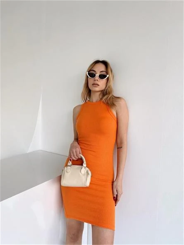 Halter Yaka Fitilli Elbise Oranj - Turuncu