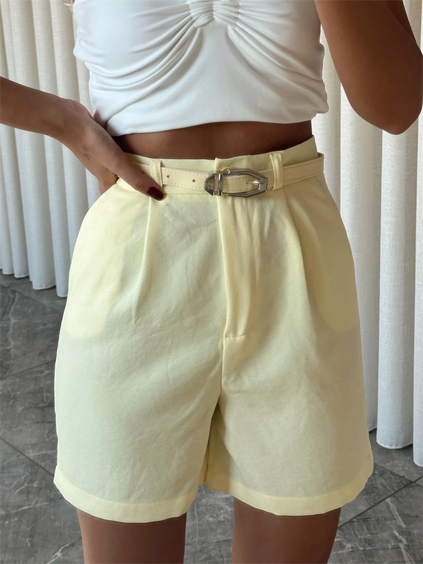 Keten Tek Pile Kemerli Şort - Sarı