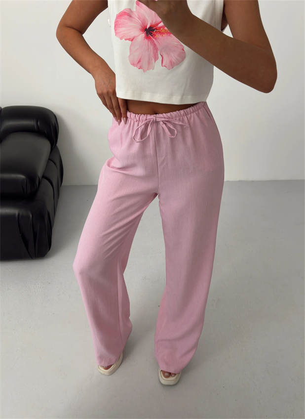 Beli İnce Lastikli Keten Palazzo - Pembe