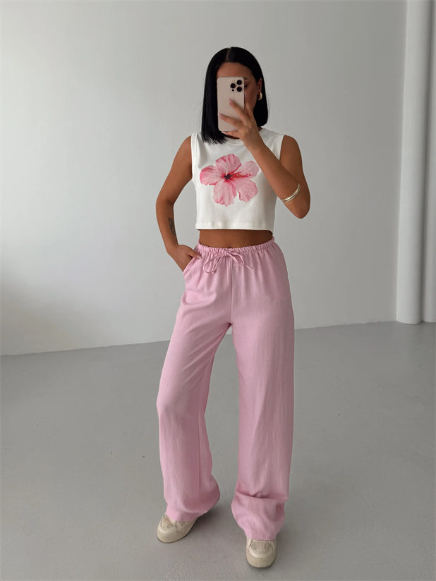 Beli İnce Lastikli Keten Palazzo - Pembe