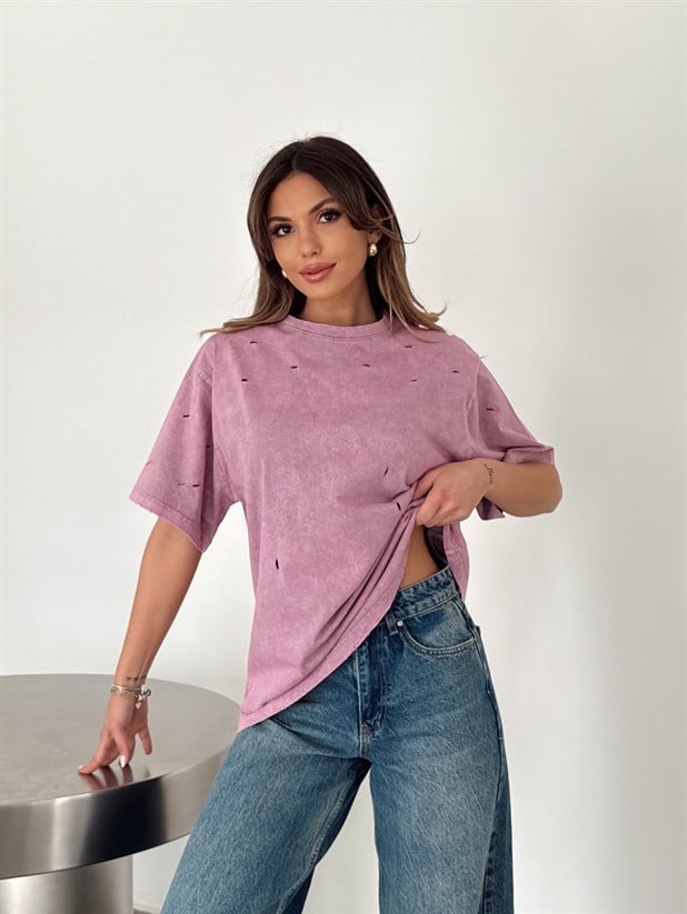 Delikli Yıkama T-shirt - Lila