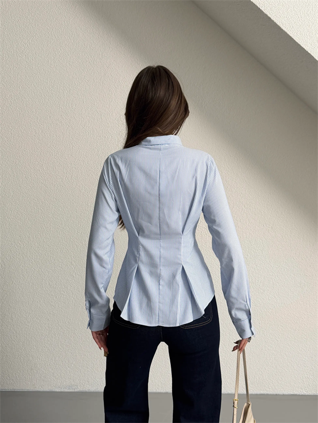Çizgili Pensli Gömlek - Mavi