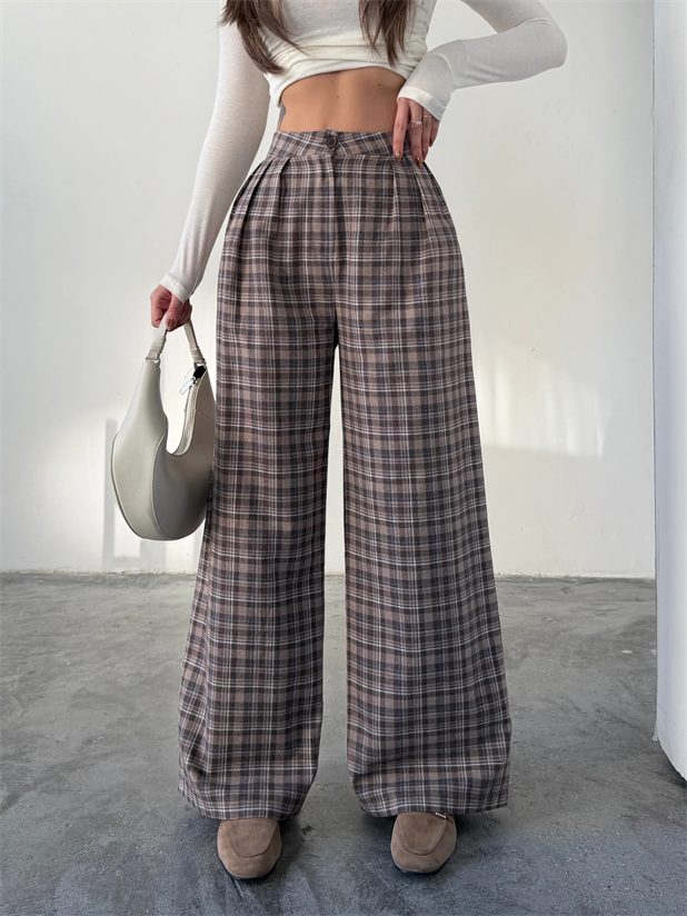 Ekose Üç Pile Palazzo Pantolon  - Kahve