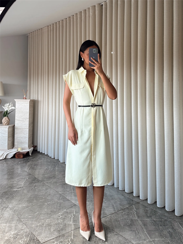 Kemerli Polo Yaka Elbise  - Sarı