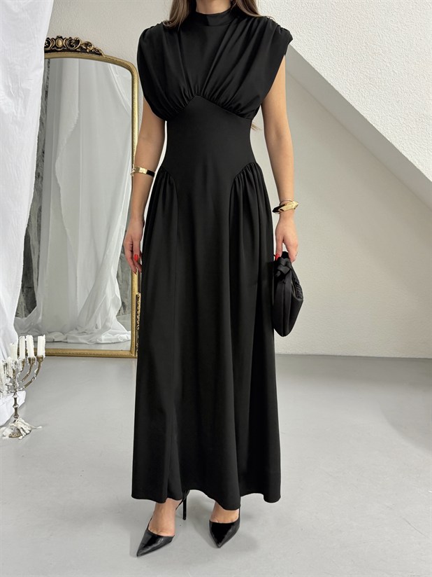 Korse Detaylı Drapeli Elbise - Siyah