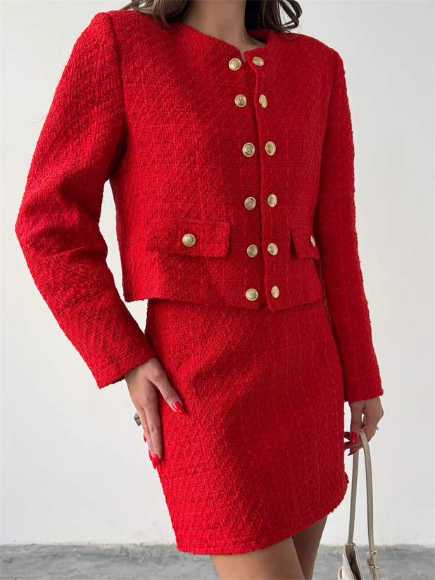 Düğmeli Tüvit Etek Ceket Takım - Kırmızı