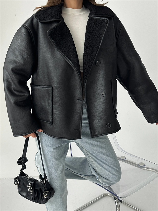 İçi Kürklü Oversize Mont - Siyah