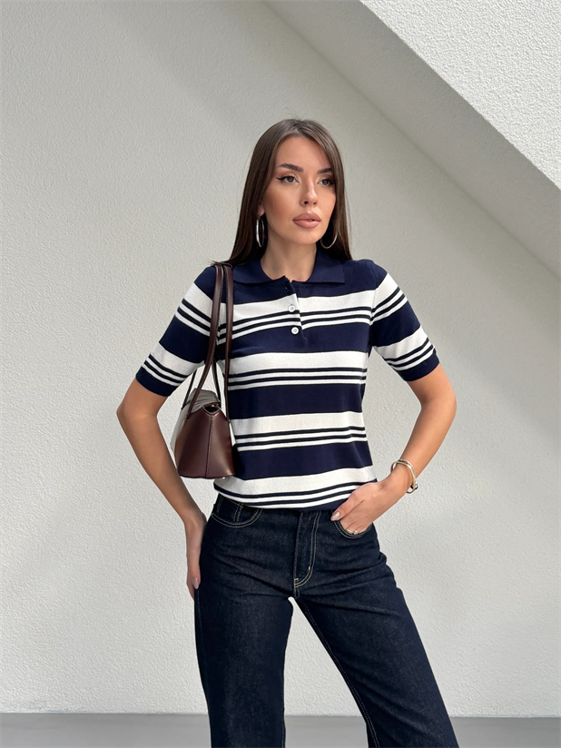 Polo Yaka Çizgili Kısa Kol Triko - Lacivert-Beyaz