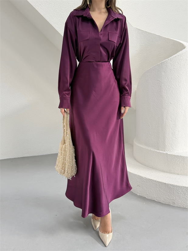 Krep Saten Gömlekli Takım - Mürdüm