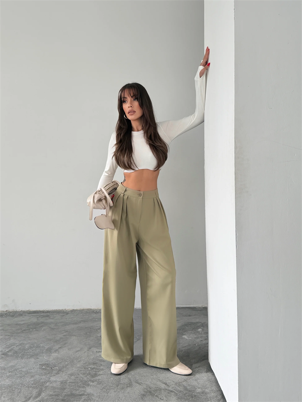 Üç Pile Palazzo Pantolon - Çağla Yeşili