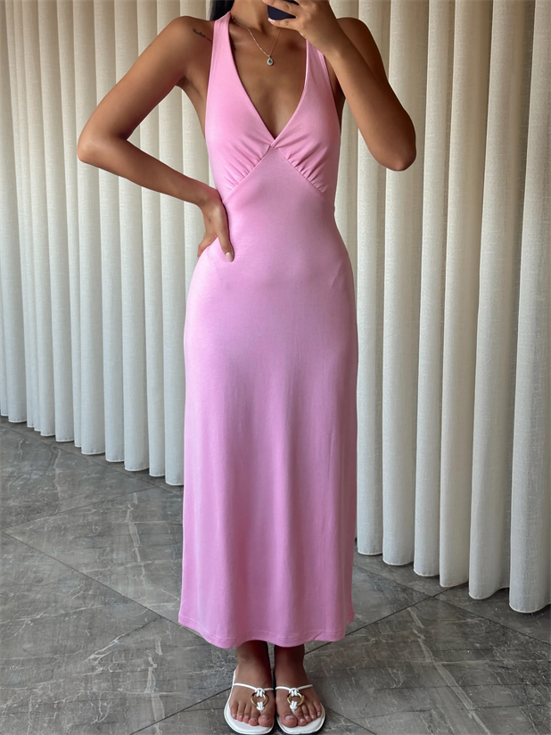 Boyundan Geçmeli Sırt Bağlamalı Elbise - Pembe