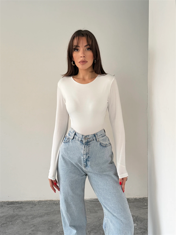 Bisiklet Yaka Bodysuit - Beyaz