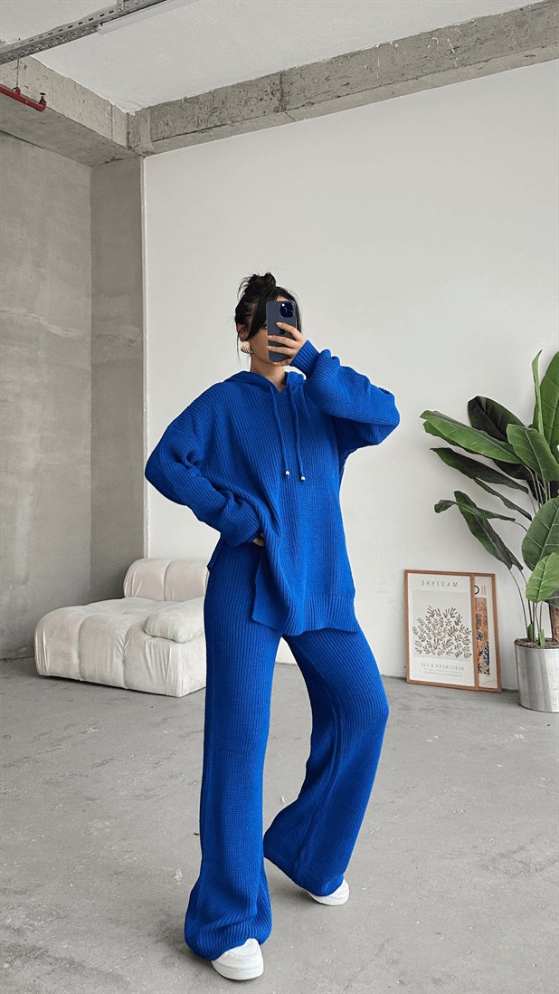Kapüşonlu Örme Triko Takım Saks Mavi - Saks Mavi