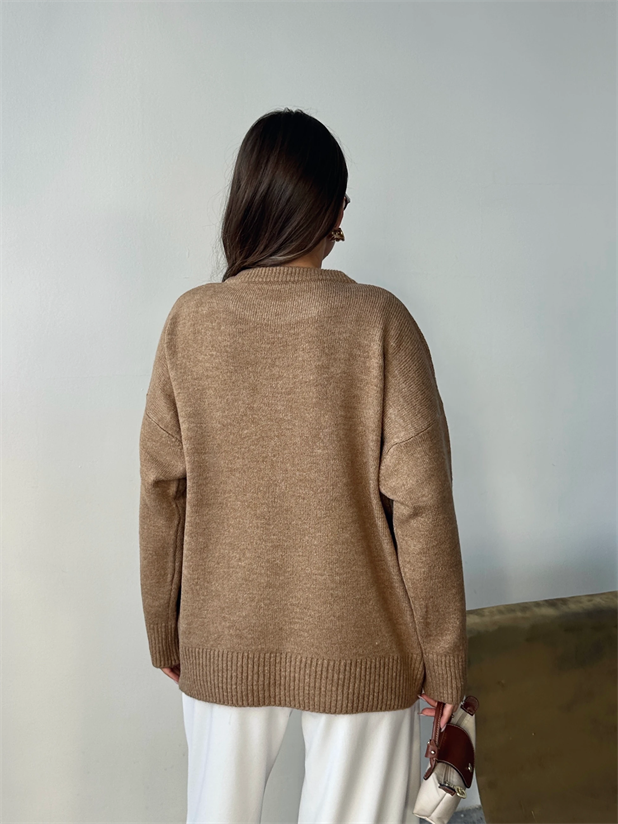 Yıkamalı Şardonlu Triko Kazak - Vizon