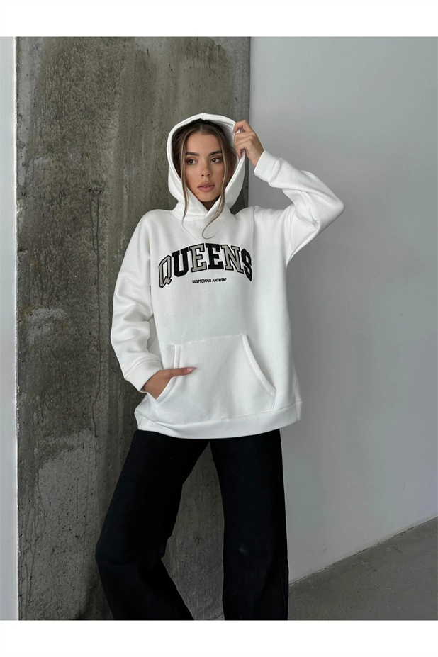 Queens Üç İplik Kapüşonlu Oversize Sweat Beyaz - Beyaz