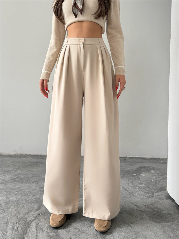 Üç Pile Palazzo Pantolon - Taş