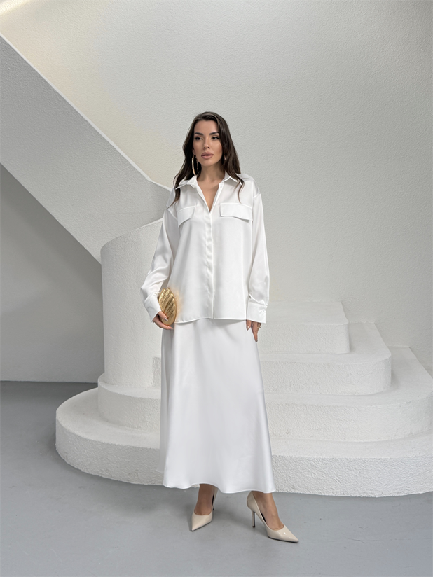 Krep Saten Gömlekli Takım - Ekru