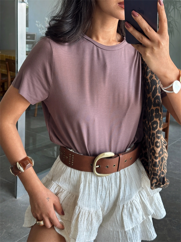 Dikişsiz Bisiklet Yaka Basic - Kahverengi