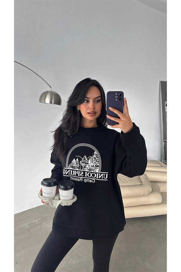 Unicoi Springs Üç İplik Oversize Sweat Siyah - Siyah