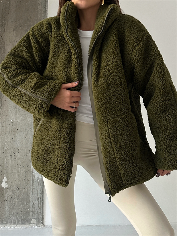 İç Astarlı Oversize Peluş Mont  - Haki Yeşil