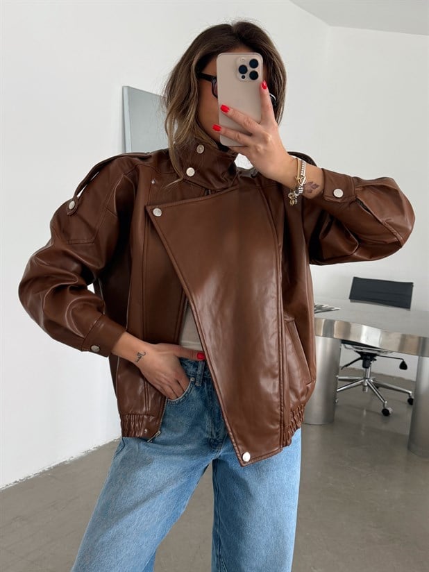Oversize Iconıc Deri Ceket - Taba