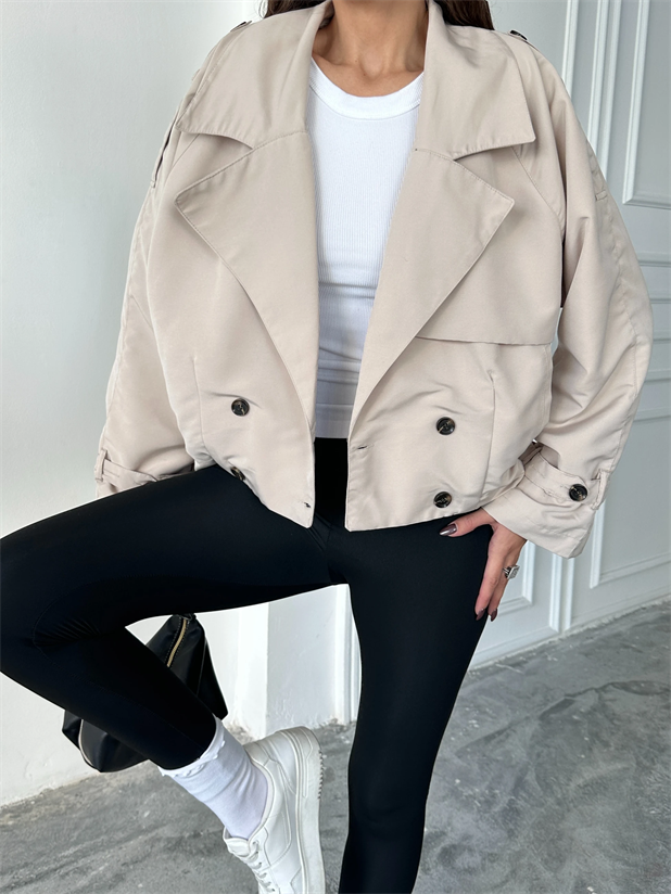 Dört Düğmeli Crop Trençkot - Taş