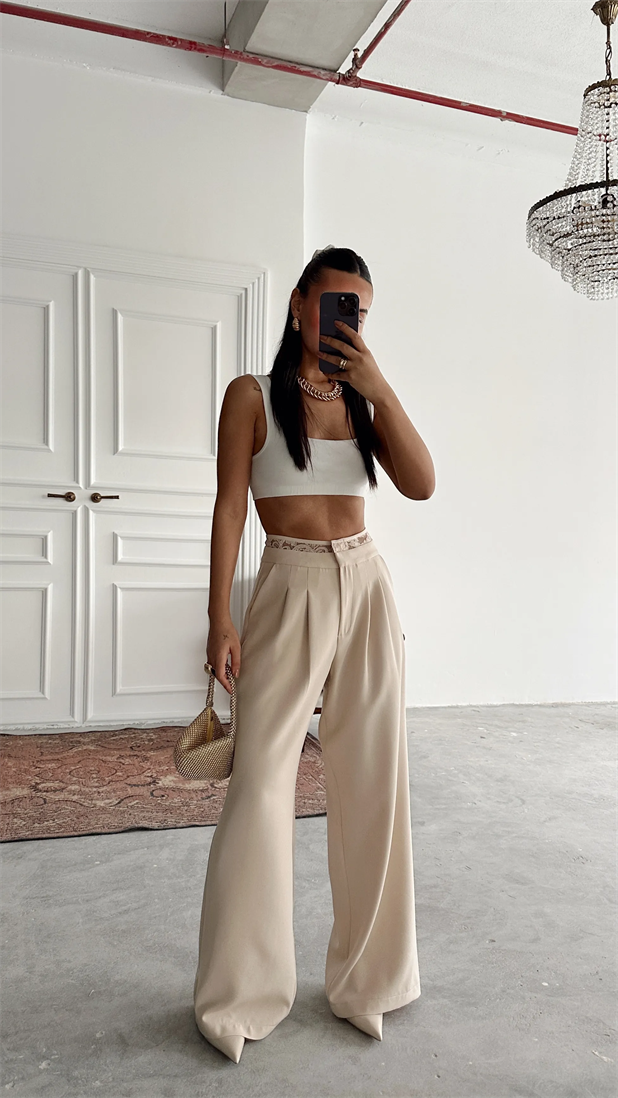 Kemeri Dantel Detaylı Palazzo Pantolon  - Taş