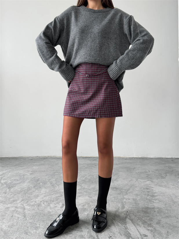 Bel Bağlama Ekose Mini Etek - Bordo