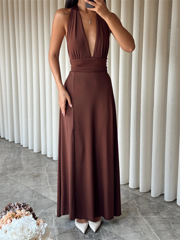 Bel Ve Boyun Bağlamalı Elbise - Kahve