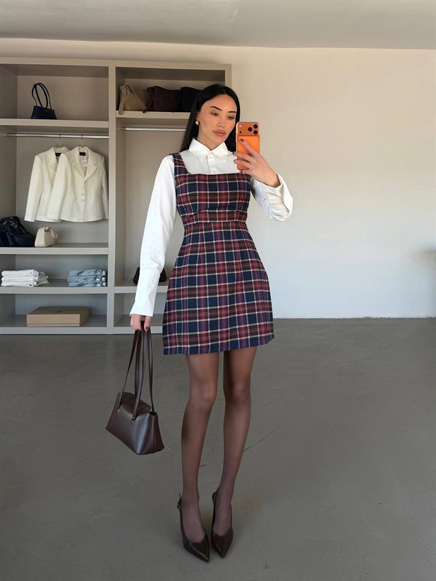 Birleşik Gömlekli Ekose Elbise - Lacivert