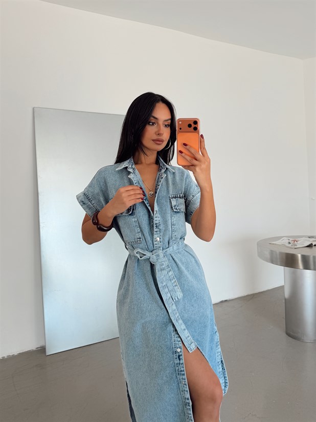 Bağlamalı Kısa Kol Denim Elbise - Buz Mavi