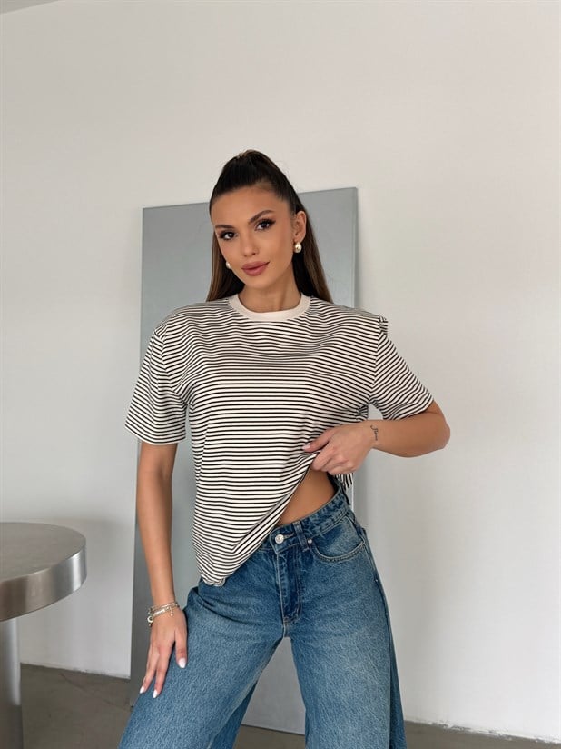 Çizgili Kısa Kol Basic - Beyaz