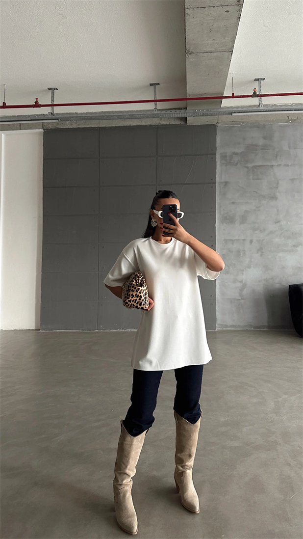 Yan Yırtmaç Oversize Basic - Ekru