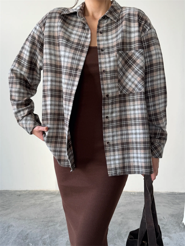 Tek Cep Ekose Gömlek - Bej