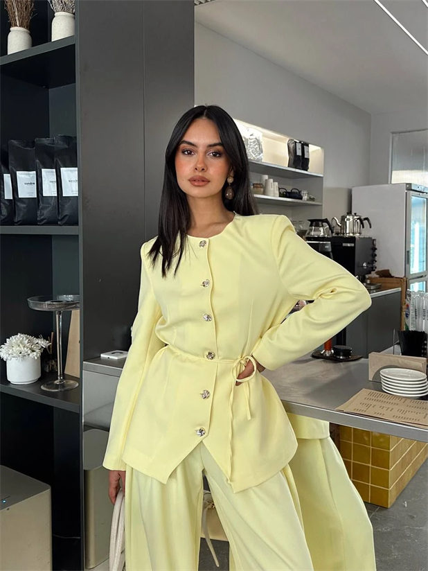 Belden Bağlamalı Bisiklet Yaka Ceket  - Limon Sarısı