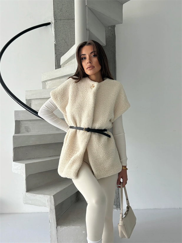 Kemerli Kürk Yelek - Ekru