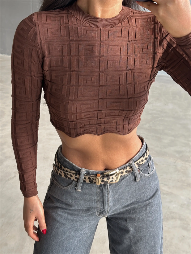 Labirent Desen Crop Triko Kazak Kahverengi - Kahverengi