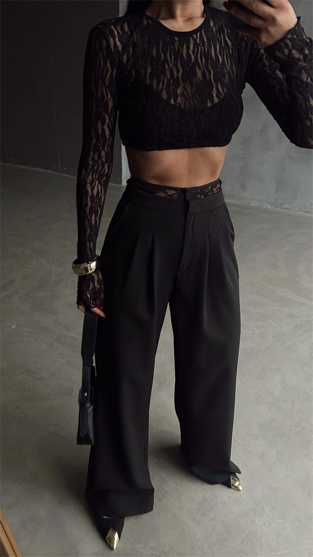 Kemeri Dantel Detaylı Palazzo Pantolon  - Siyah