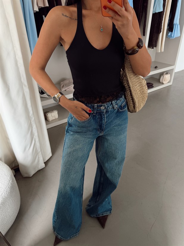 Etek Ucu Dantelli Crop -Siyah