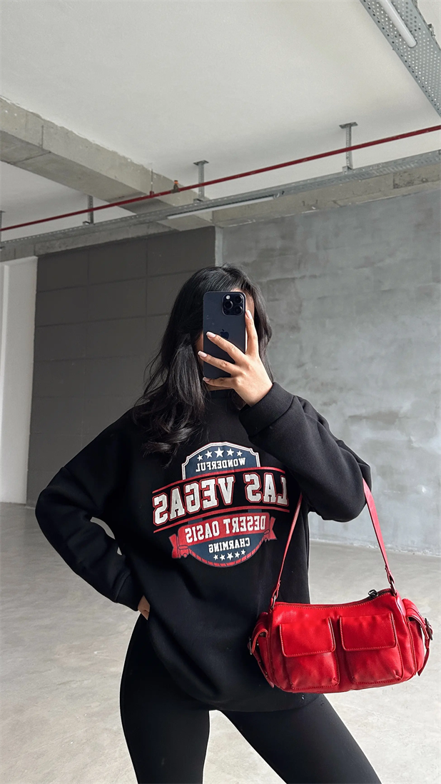 Las Vegas Üç İplik Oversize Sweat Siyah - Siyah