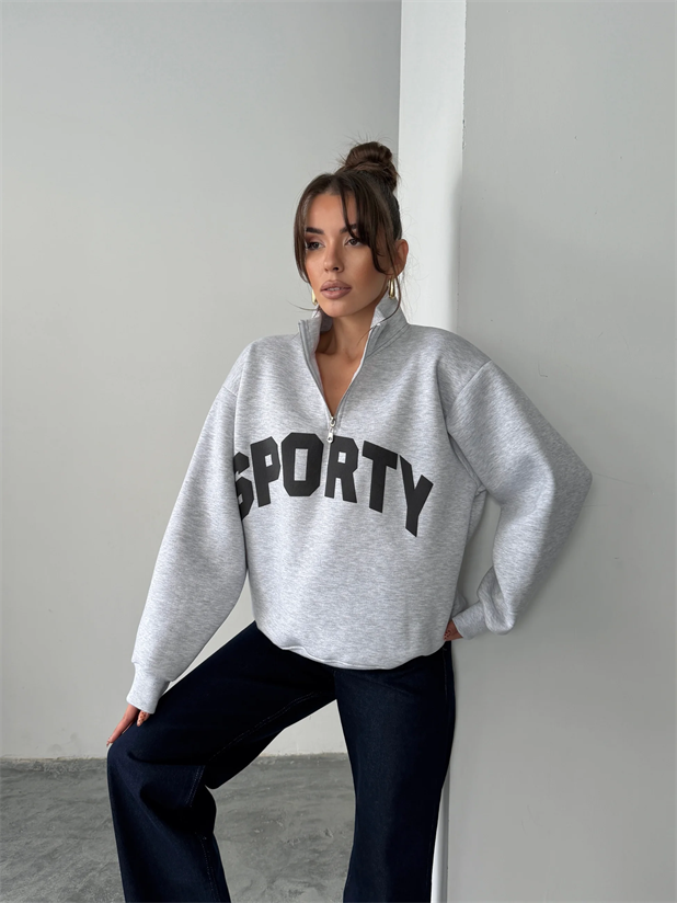 Sporty Yarım Fermuar Sweat - Gri