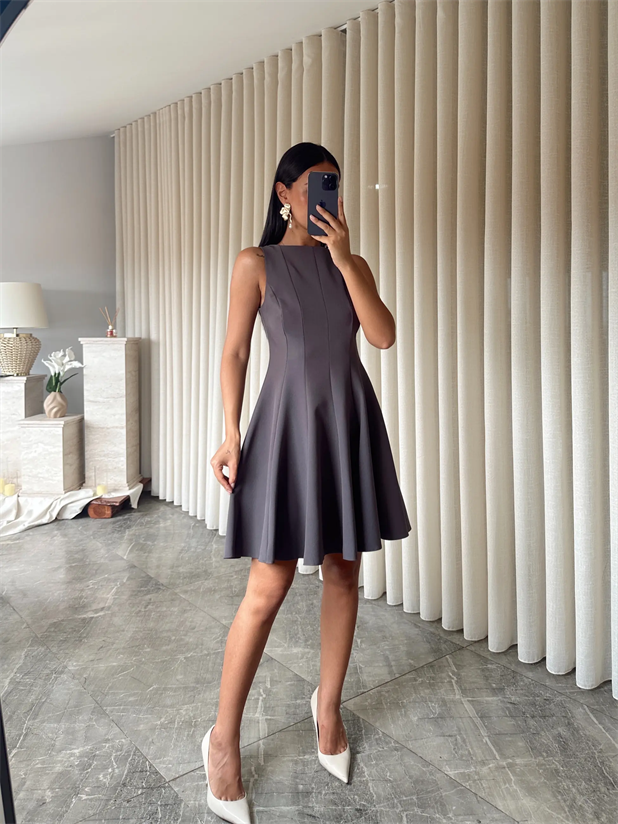 Kolsuz Kloş Elbise - Antrasit